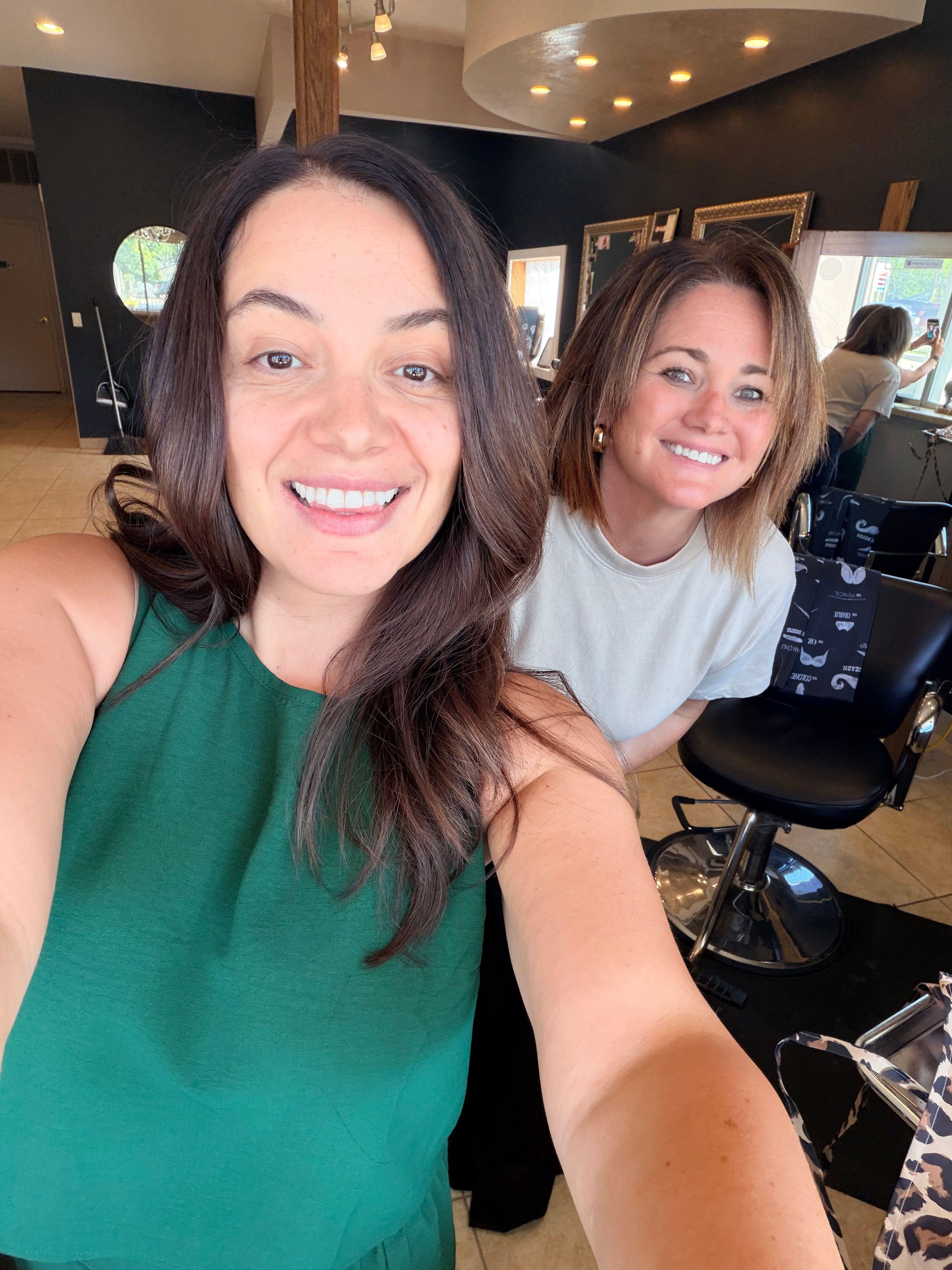 Stephanie, owner and stylist at Atria Beauty Collective, with a client after a lived-in balayage service.